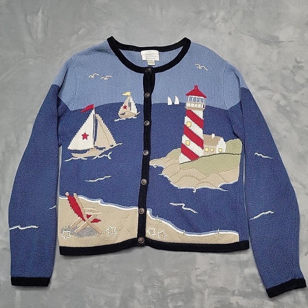 Christopher & Banks Sweater Womens Medium Blue Cardigan Nautical Sailboat
